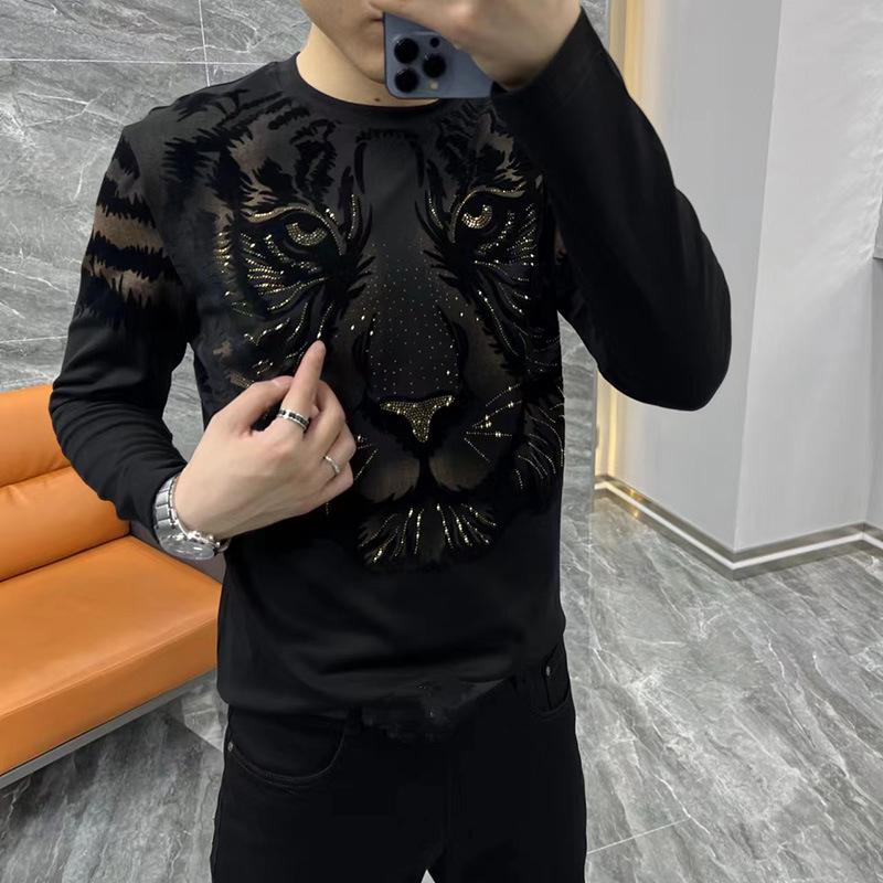 Men's new long sleeved round neck personalized printed rhinestone base shirt