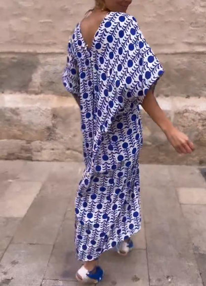 🔥Limited Time Offer 49% OFF🔥Women's New Blue And White V-neck Short Sleeved Printed Long Skirt