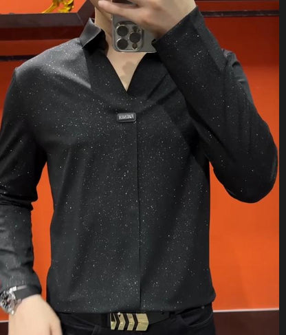 Men's New Scissor Neck Simple Sparkling Long Sleeved Shirt