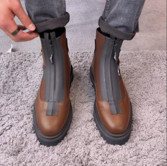 Men's New Autumn And Winter Genuine Leather British Style Thick Soled Front Zipper Fashionable Elastic Martin Boots