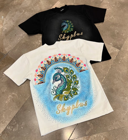 Peacock Embroidery Starry Sky Hot Diamond Short Sleeve