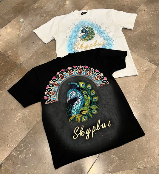 Peacock Embroidery Starry Sky Hot Diamond Short Sleeve