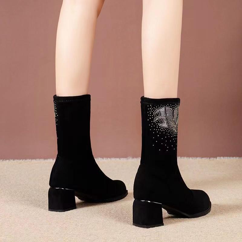 2022 Autumn And Winter New Thick-heeled Round Head Stretch Plus Velvet Women's Short Boots