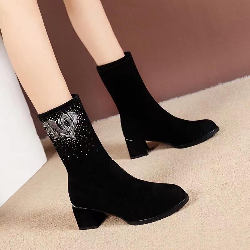 2022 Autumn And Winter New Thick-heeled Round Head Stretch Plus Velvet Women's Short Boots