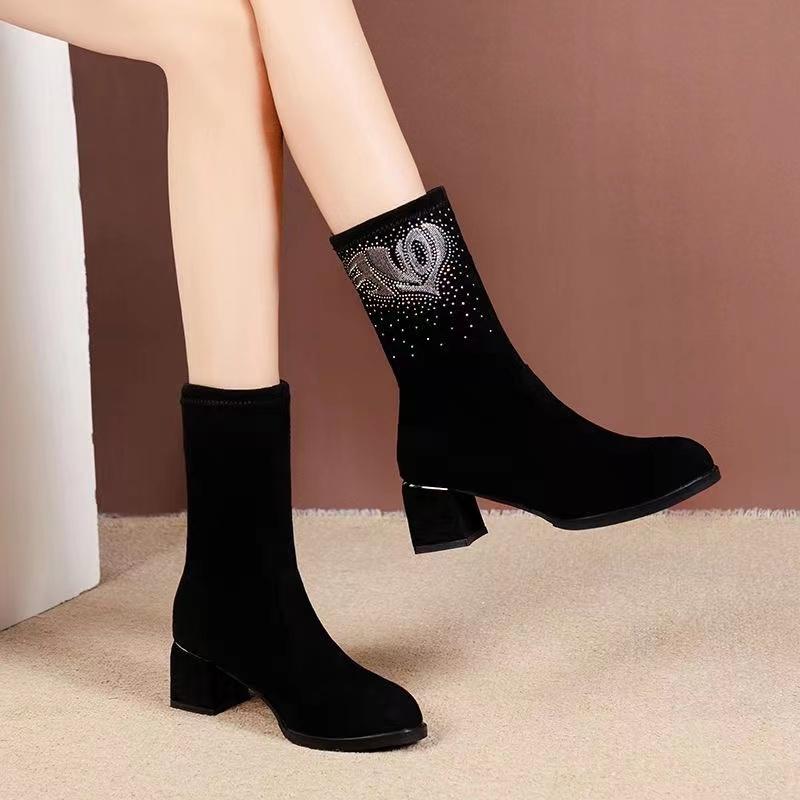 2022 Autumn And Winter New Thick-heeled Round Head Stretch Plus Velvet Women's Short Boots