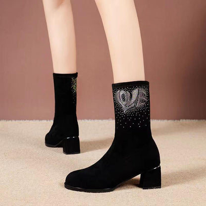 2022 Autumn And Winter New Thick-heeled Round Head Stretch Plus Velvet Women's Short Boots