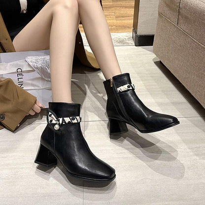 2022 Autumn New Fashion Korean Version Of High-heeled Thick-heeled Chelsea Boots Satin Pearl Fashion Boots French Retro Women