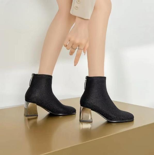 Black Shiny High-heeled Stretch Boots For Women