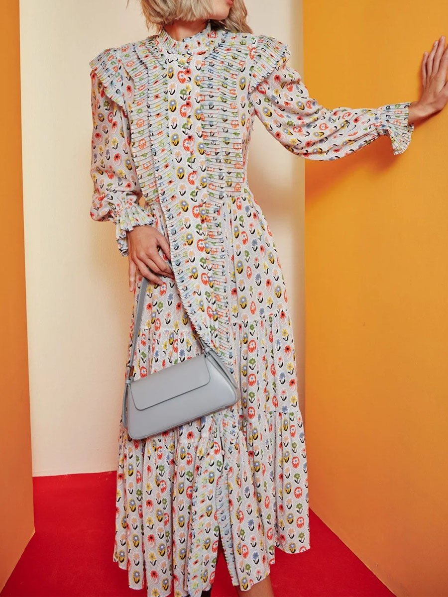 Printed Ruffe Button Up Long Sleeve Dress