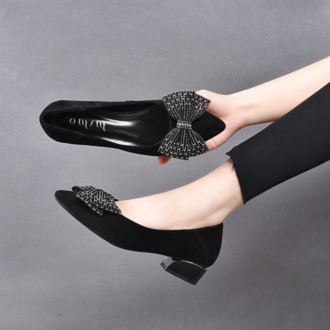 Bow rhinestone low heels