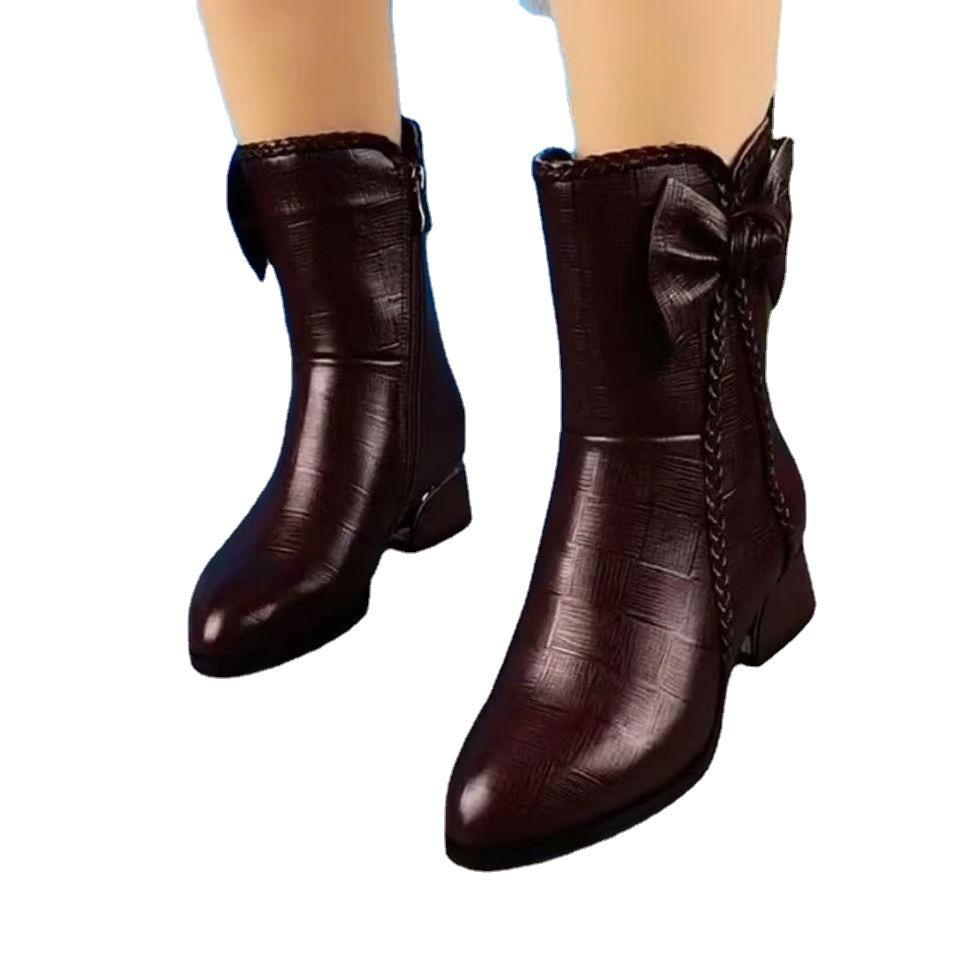 Autumn And Winter New Soft Leather Mid-tube Plus Velvet Boots