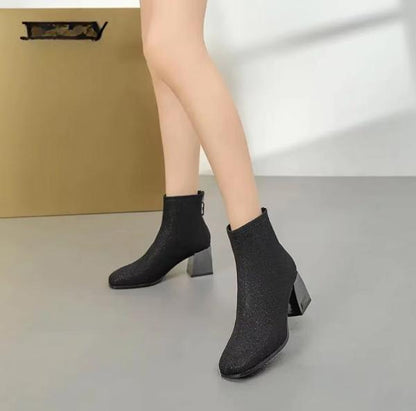 Black Shiny High-heeled Stretch Boots For Women