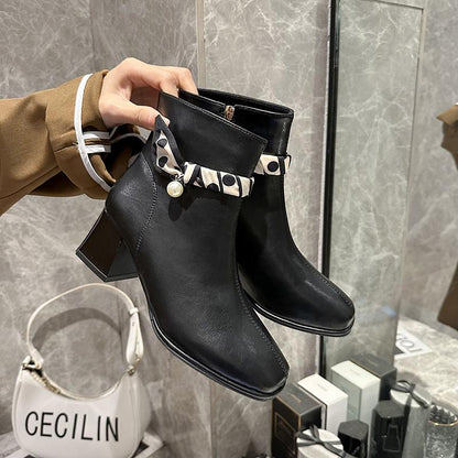 2022 Autumn New Fashion Korean Version Of High-heeled Thick-heeled Chelsea Boots Satin Pearl Fashion Boots French Retro Women